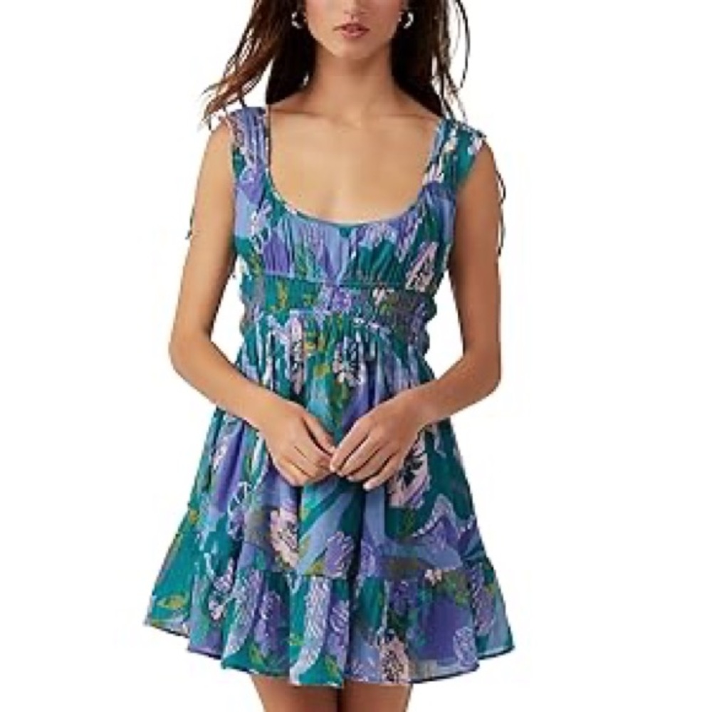 Free People Blue Pleated Ruffled Mini Sundress